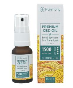 Harmony CBD Spray 10 % Citrus – Sprühfläschchen mit Etikett und Verpackung mit Beschreibung und Harmony Logo