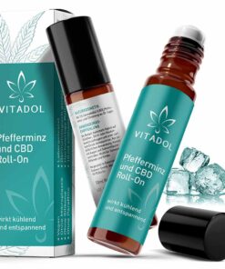 Vitadol CBD Kopf Roll-On – geöffnet mit Verpackung – Schrägansicht 1