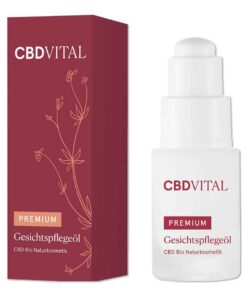 CBD Vital Premium Gesichtsöl – Pipettenflasche mit Verpackung – Vorderansicht